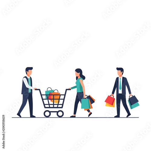 Schilderij op canvas A group of people walking with shopping bags and a cart