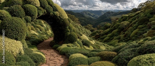 A stone path leads under an archway through a lush green landscape towards distant hills and a cloudy sky