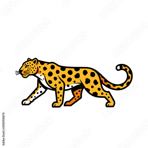 Canvas Print A stylized illustration of a spotted wild cat walking on a white background