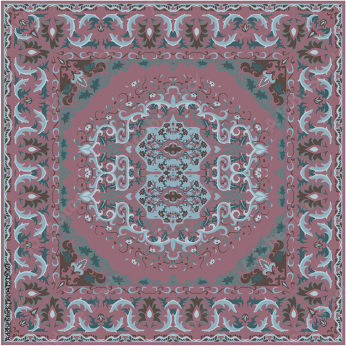 Abstract Geometric Floral Scarf Pattern: Modern Luxury Persian Rug Ornaments and Classic Vintage Baroque Damask Border Layout for Trendy Hijab Fashion Textile Print Dusty Pink