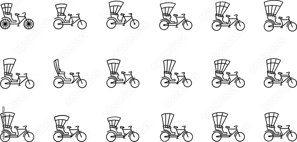 Fototapeta premium Hand drawn rickshaw bicycle outline vector collection with traditional passenger transport icons isolated on white background