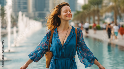Smiling young woman walking outdoors with arms outspread near water fountain, outdoors