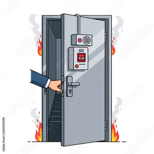 A hand opens a metal door leading to a staircase during a fire emergency
