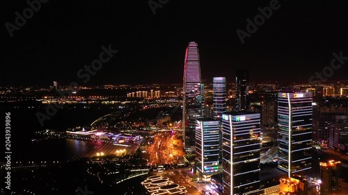 Aerial Night Skyline of Illuminated Skyscrapers in Shenzhen China