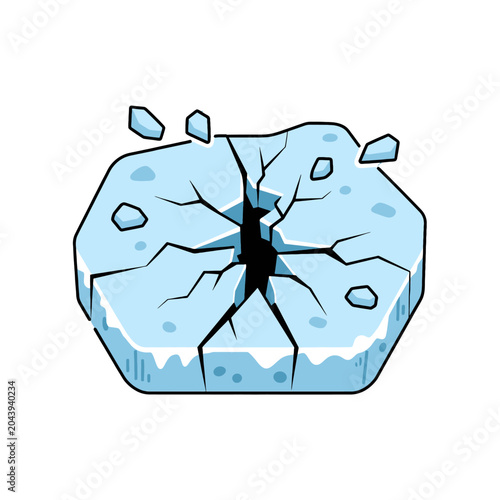 A cartoon illustration of a cracked hexagonal block of blue ice