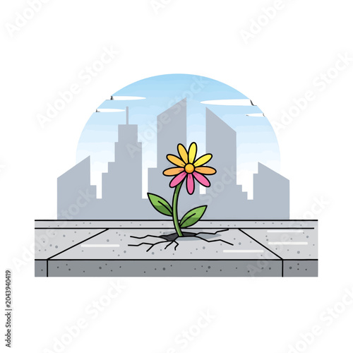 A colorful flower grows through a crack in the gray concrete sidewalk