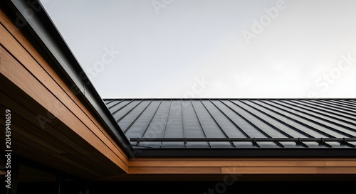 Modern Metal Roof With Wood Trim Detail Against A Clear Sky