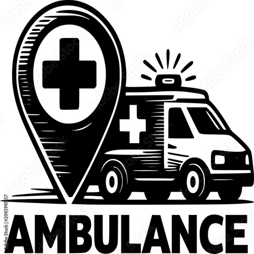 Emergency Medical Service Location: An illustration depicts a stylized ambulance next to a location pin with a medical cross, symbolizing emergency medical service and accessibility.