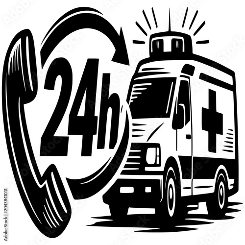 24 Hour Ambulance Service: A visual representation of round-the-clock emergency medical assistance, featuring a classic telephone icon and a distinct ambulance with its flashing lights activated.