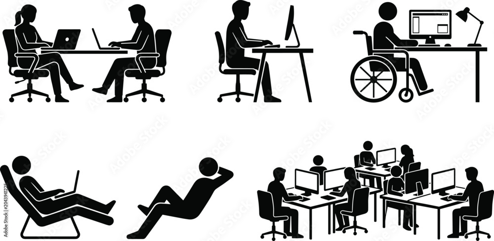 Fototapeta premium Black silhouette illustration of diverse office work scenes showing teamwork, remote work, accessibility, and modern workplace environments