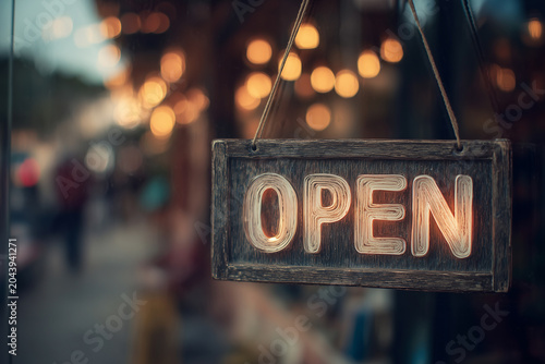 An antique wooden sign that reads Open is mounted on the restaurant door with soft lighting.