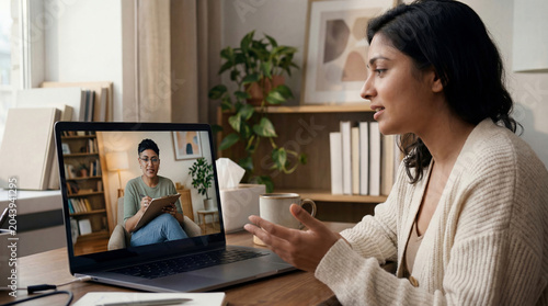 Young indian woman having online mental health consultation with a non-binary therapist via video call on a laptop at home