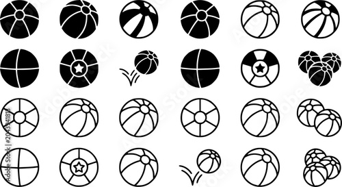 Beach ball vector icons set in black. summer toy symbols in flat and outline style
