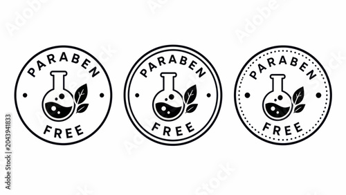 Paraben free labels feature chemical flasks and leaves to denote organic skin care.