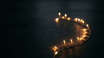 Glowing string of led fairy lights on a dark wooden background