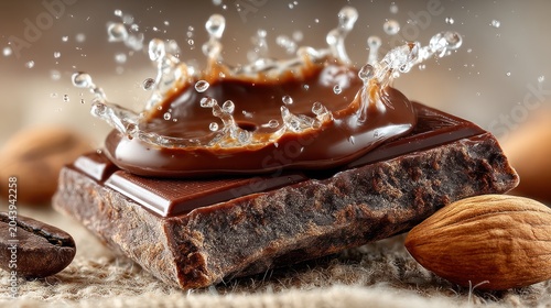 Close-up of a chocolate square, a water splash, almonds, and a coffee bean on a natural surface