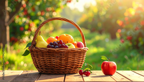 basket with fruits on the table in garden, part 2