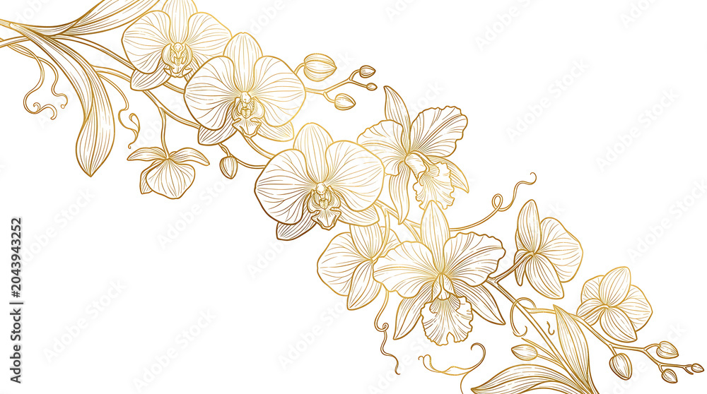 Fototapeta premium Elegant golden orchid floral line art illustration on white background