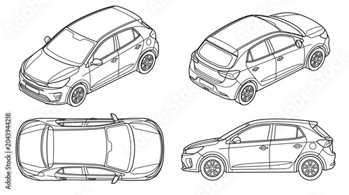 Set of four outline projections of a hatchback car.