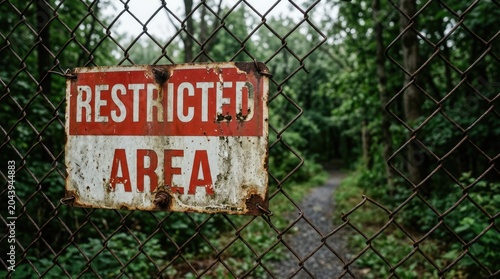 Rusty Restricted Area Sign on Chain Link Fence in Green Forest with Path and Natural Light