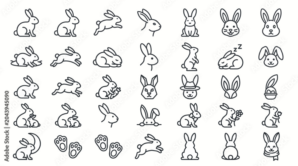 Fototapeta premium Set of outline rabbit and bunny icons.