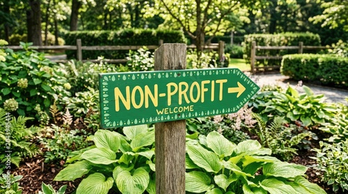 Green Non-Profit Signpost with Welcome Message in Lush Garden with Plants and Pathway on Sunny Day