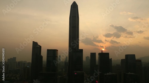 Shenzhen skyline at sunset with Ping An Finance Centre silhouette in Shenzhen, China