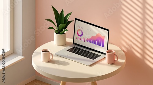 Modern workspace with laptop, potted plant, mugs, sunlight in cozy room