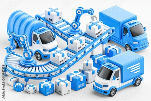 Modern automated logistics system with delivery trucks and robotic arms