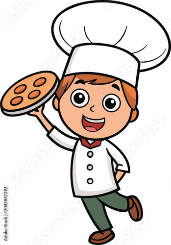Cartoon boy chef character holding a pizza