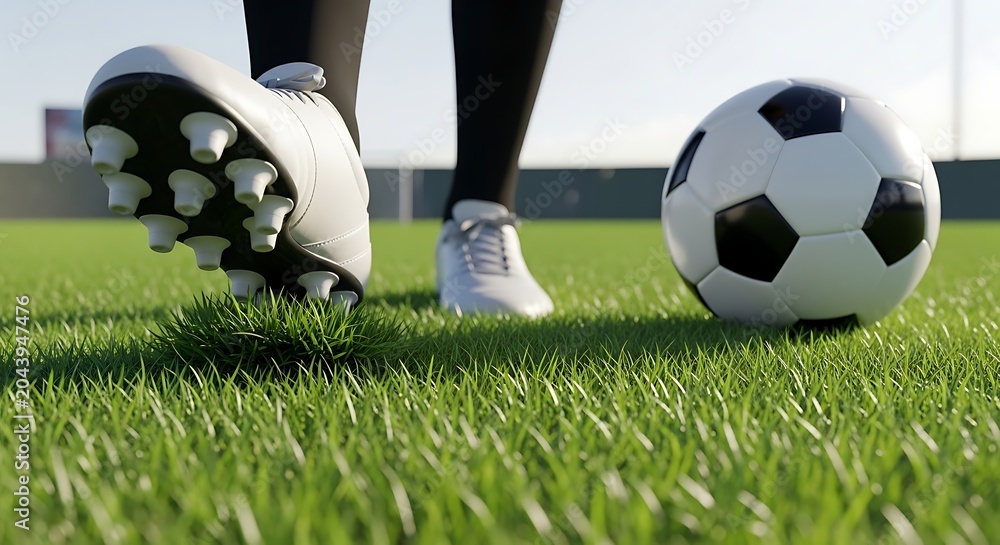 Obraz premium Soccer Player Standing on Green Field with Ball