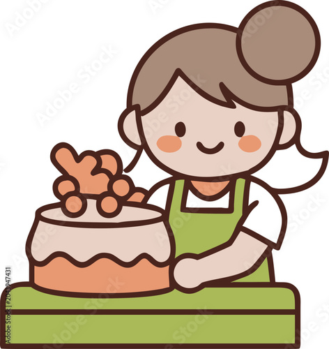 Cute cartoon girl wearing a green apron decorating a cake with berries