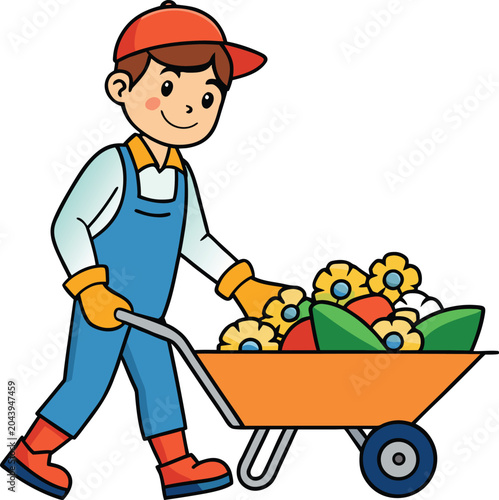 Cartoon gardener boy pushing a wheelbarrow filled with colorful flowers and leaves