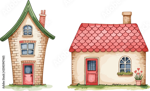 Bild auf Leinwand Cute cartoon houses vector illustration, cozy home buildings with windows doors