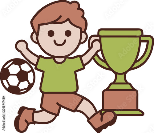 Happy boy soccer player holding a trophy and a soccer ball