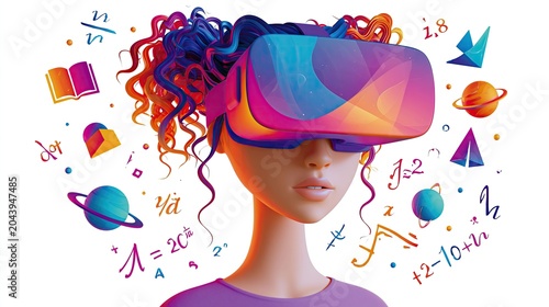 Woman Wearing VR Headset with Colorful Space and Science Illustrations Surrounding Her