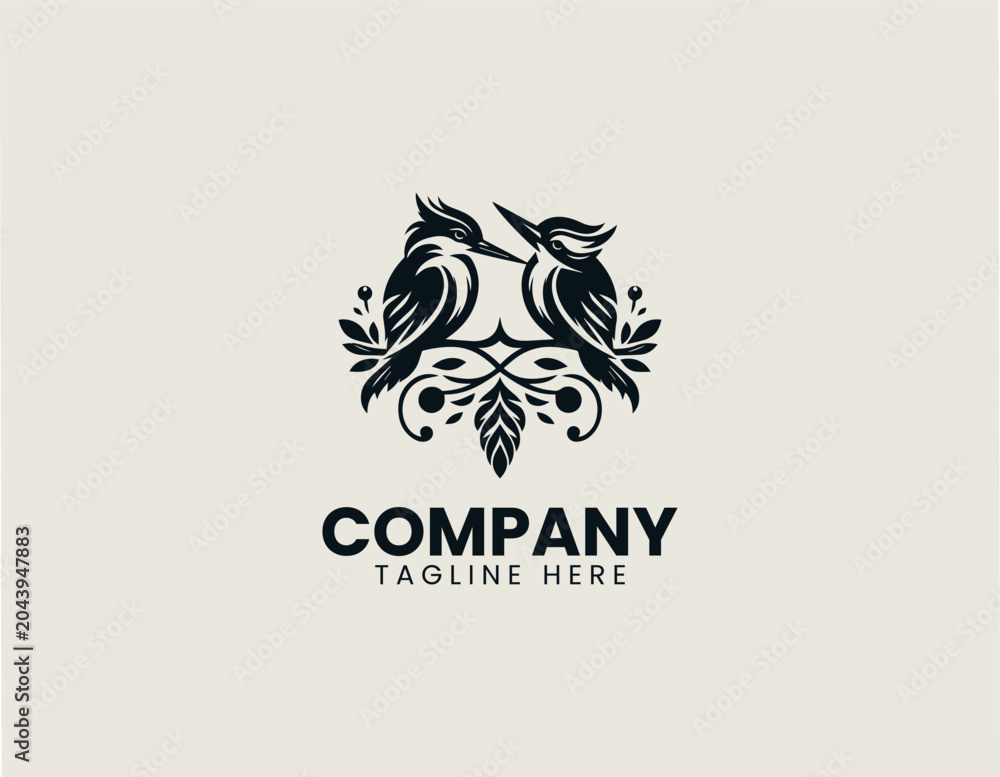 Fototapeta premium Pair of kingfisher birds perched on branch vector logo illustration on white background