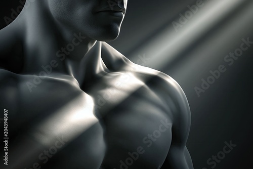 Artistic close-up of a muscular male's upper body with dramatic lighting and shadow effects