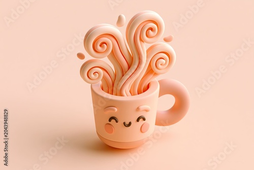 Cute and Cheerful Cup with Swirling Noodles and Smiling Face in Soft Pastel Colors