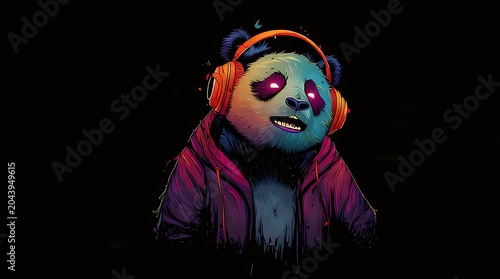 Vibrant, stylized panda with headphones and hoodie, glowing eyes, dark background