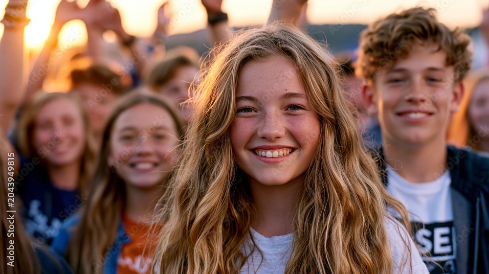 Fototapeta premium Youthful Joy And Community Spirit: Happy Teenagers Smiling Together At An Outdoor Event With Golden Hour Sunlight
