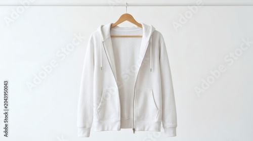 White Zip Hoodie Mockup Hanging Open Showing Interior Fleece Texture Premium Apparel Photography Isolated White Background
