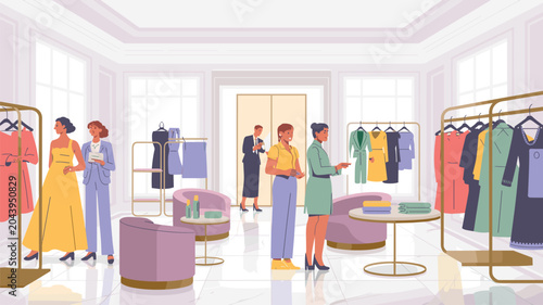 Customers browse through an elegant boutique interior featuring organized clothing racks and comfortable seating in a soft pastel environment.