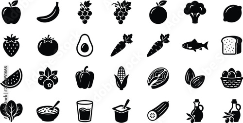 Fresh groceries and healthy eating icons collection with vegetable nutrition ingredient broccoli