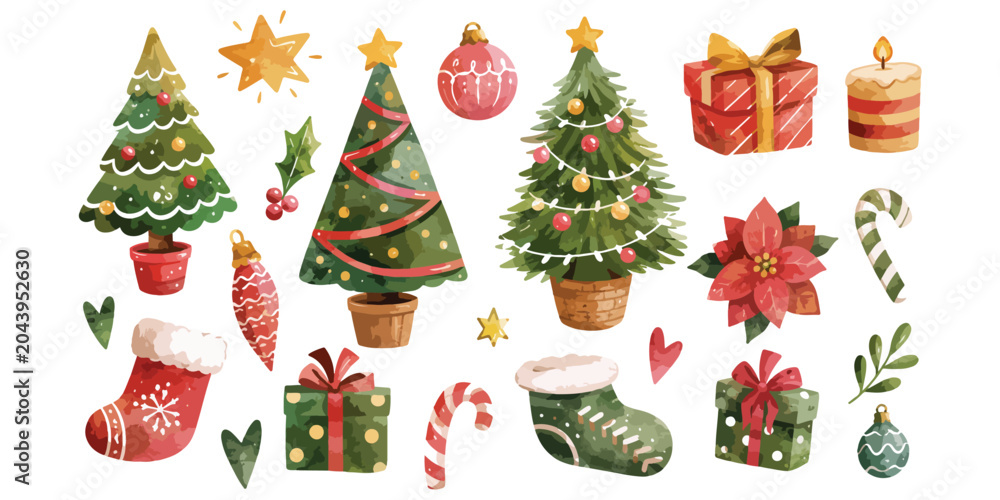 Fototapeta premium Watercolor traditional Christmas trees and festive holiday elements clipart