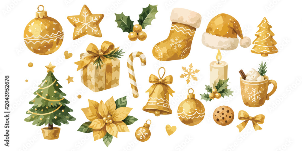 Fototapeta premium Luxury watercolor gold Christmas elements and winter holiday clipart