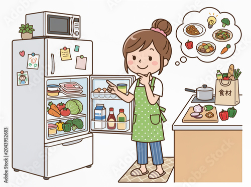 冷蔵庫と料理を考える主婦