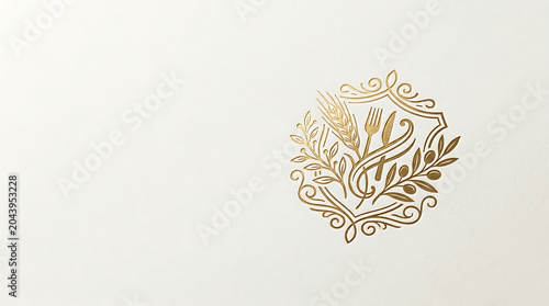 Elegant gold foil culinary emblem with cutlery and wheat on white