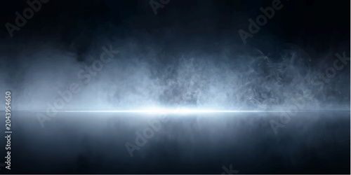 Foto Mysterious Fog Rising: An ethereal mist or fog gently drifts across a reflective surface, creating an atmosphere of mystery and tranquility