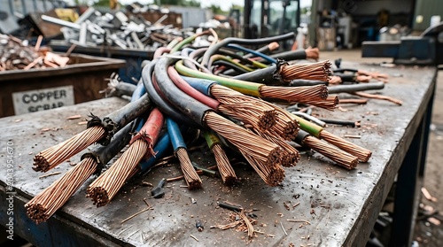 Close-up view of a large bundle of stripped electrical wires with exposed copper conductor ends, awaiting processing at a metal recycling facility
